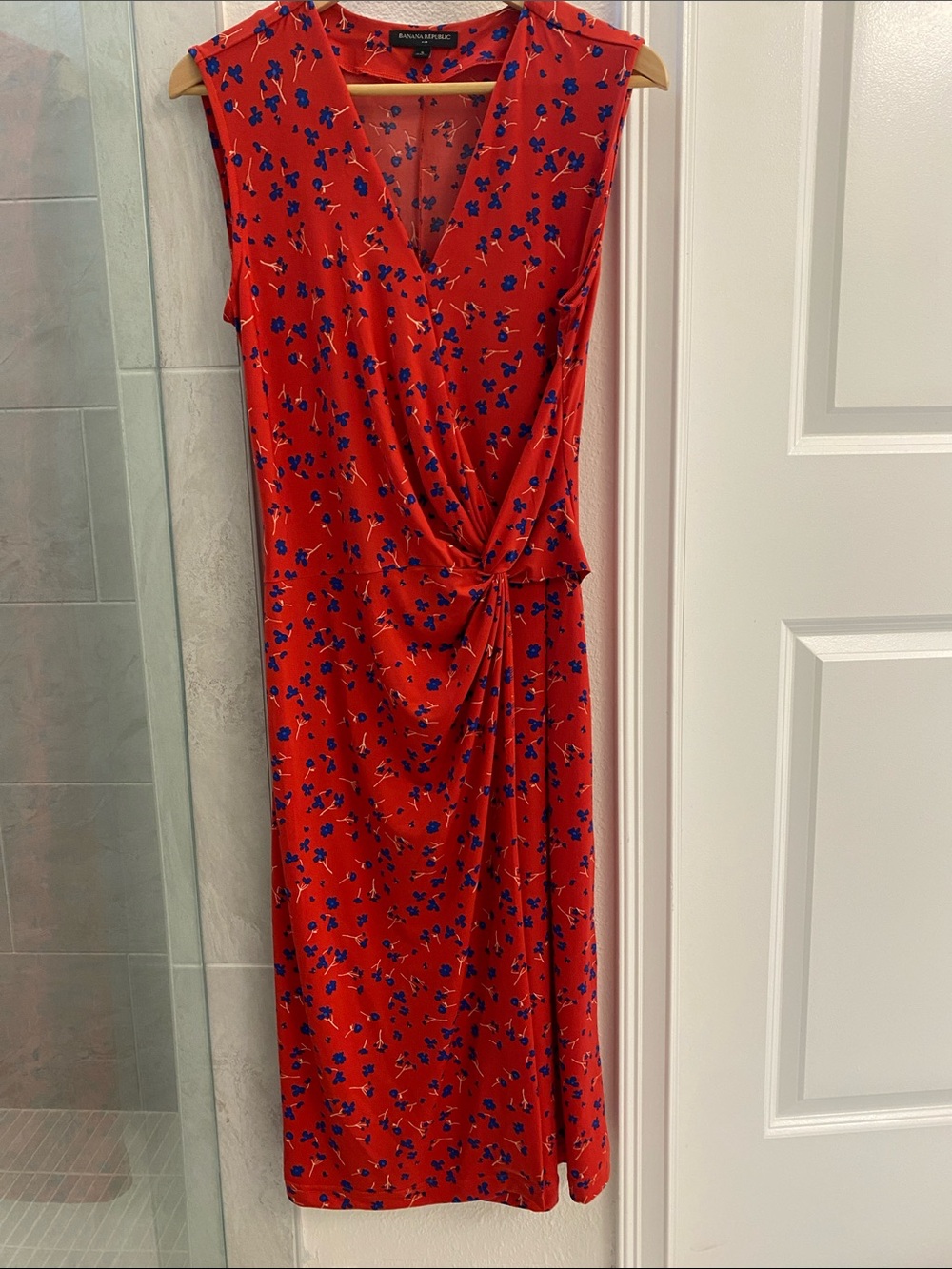 Banana Republic Red Midi Dress with Blue Floral Print and Twist Detail